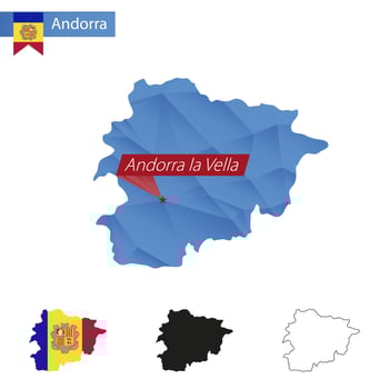 Andorra blue Low Poly map with capital Andorra la Vella. vector