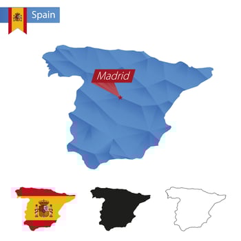 Spain blue Low Poly map with capital Madrid. vector