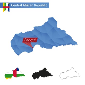 Central African Republic blue Low Poly map with capital Bangui. vector