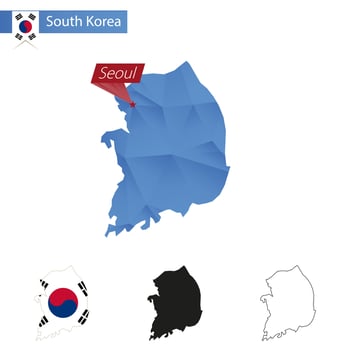 South Korea blue Low Poly map with capital Seoul. vector