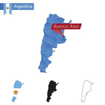 Argentina blue Low Poly map with capital Buenos Aires. vector