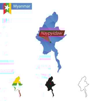 Myanmar blue Low Poly map with capital Naypyidaw. vector