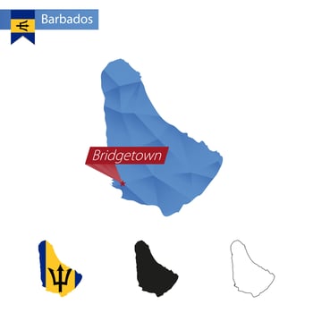 Barbados blue Low Poly map with capital Bridgetown. vector