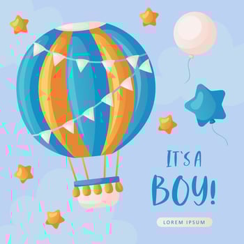Baby shower invitation with hot air balloon, stars, helium balloons, stars, and clouds on blue. Lettering It's a boy. Hello baby celebration, holiday, event. Banner, flyer. Cartoon illustration vector
