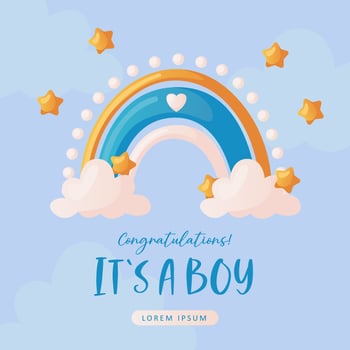 Baby shower invitation with boho rainbow, stars, and clouds on blue. Lettering It's a boy. Hello baby celebration, holiday, event. Banner, flyer. Cartoon vector