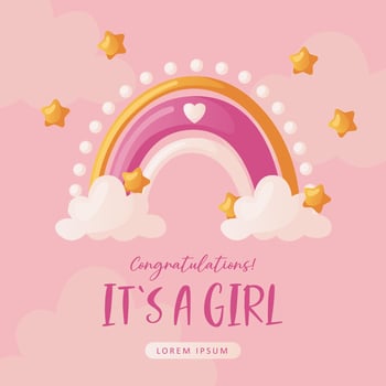 Baby shower invitation with boho rainbow, stars, and clouds on pink. Lettering It's a girl. Hello baby celebration, holiday, event. Banner, flyer. vector