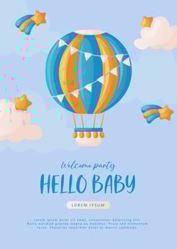 Baby shower invitation with hot air balloon, stars, helium balloons and clouds on blue. Lettering It's a boy. Hello baby celebration, holiday, event. Banner, flyer. Cartoon vector