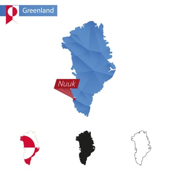 Greenland blue Low Poly map with capital Nuuk. vector