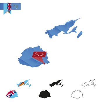 Fiji blue Low Poly map with capital Suva. vector