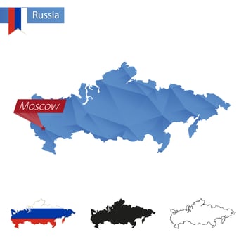 Russia blue Low Poly map with capital Moscow. vector
