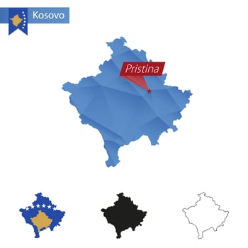 Kosovo blue Low Poly map with capital Pristina. vector