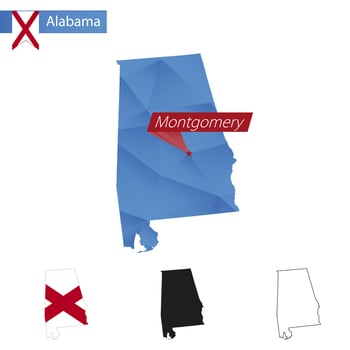 State of Alabama blue Low Poly map with capital Montgomery. vector