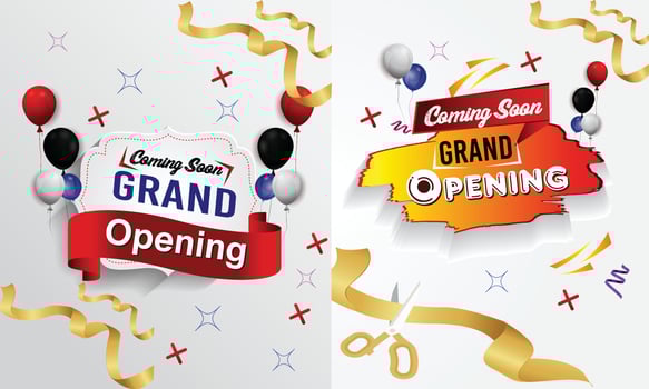 Grand Opening Cut ribbon background Banner Design Illustrations Shape, Business Promotion Ad Poster, Ceremony party event invitation, Coming soon Poster, red ribbon with balloon and colorful confetti. vector