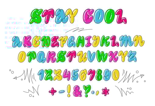 Hand drawn graffiti style alphabet. Isolated trendy old-school typography design. Edgy and bold style. Creative colorful urban style typeset concept. Vector graffiti lettering font