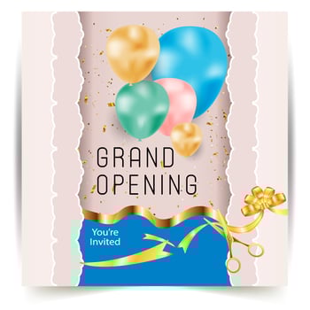 Grand Opening Cut ribbon background Banner Design Illustrations Shape, Business Promotion Ad Poster, Ceremony party event invitation, Coming soon Poster, red ribbon with balloon and colorful confetti. vector