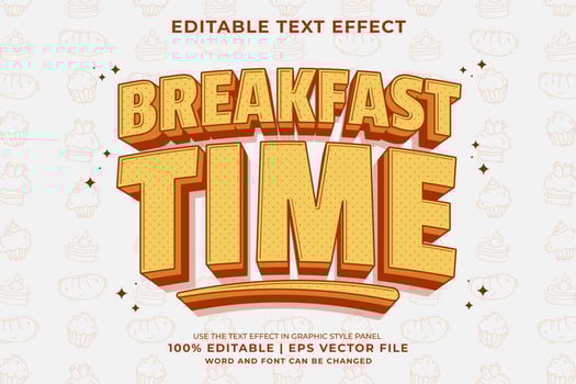 Editable text effect - Breakfast Time 3d Traditional Cartoon template style premium vector
