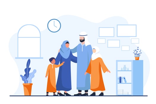 Happy Arab Muslim family leisure time in afternoon or weekend. Father, Mother, boy, and girl together at home living room. Loving Relation concept cartoon flat vector Illustration