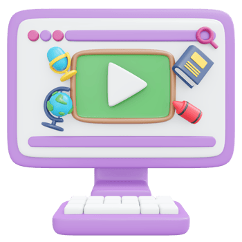 3D Rendering back to school study online on computer with player start button blackboard on browser cute icon cartoon style. 3D Render illustration. png