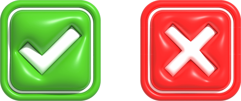 Realistic right and wrong, yes or no, approved or declined 3D Button. Acceptance, Rejection and Attention symbols 3D render illustration png