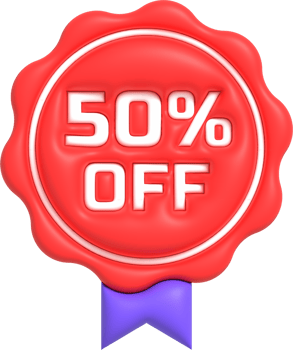 Sale off 3D icon, Special offer discount with the price 50 percent OFF. Red label for advertising campaign 3D render png