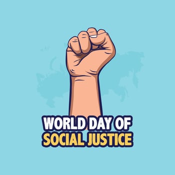 World day of social justice vector illustration with scales of justice hand on blue color peace background