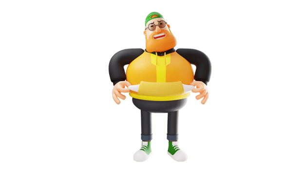 3D illustration. Sad Fat Man 3D Cartoon Character. A stylish man showing his empty pocket. The fat man showed a sad expression. 3D Cartoon Character png
