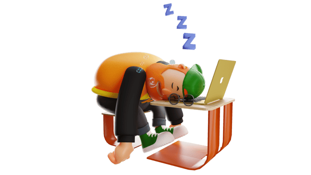 3D illustration. Sleepy Fat Man 3D Cartoon Character. A stylish man is sleeping in front of a laptop. Fat man sleeping in a sitting position. 3D Cartoon Character png