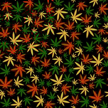 Seamless pattern with colorful cannabis leaves on a black background vector art illustration.