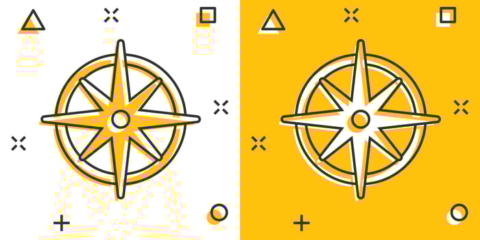 Global navigation icon in comic style. Compass gps vector cartoon illustration on white isolated background. Location discovery business concept splash effect.