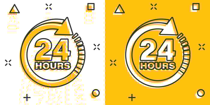 24 hours clock sign icon in comic style. Twenty four hour open vector cartoon illustration on white isolated background. Timetable business concept splash effect.