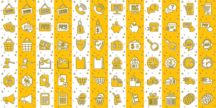 Shopping icon set in comic style. Online commerce cartoon vector illustration on white isolated background. Market store splash effect business concept.