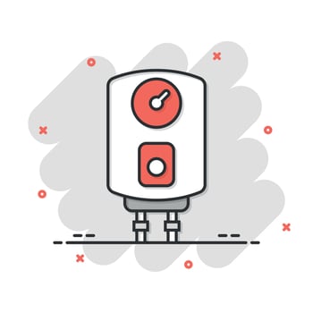 Gas boiler icon in comic style. Heater cartoon vector illustration on isolated background. Boiling splash effect sign business concept.