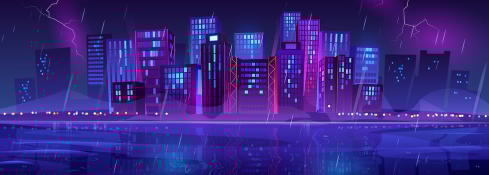 Night rainy city skyline view on sea shore or bank vector
