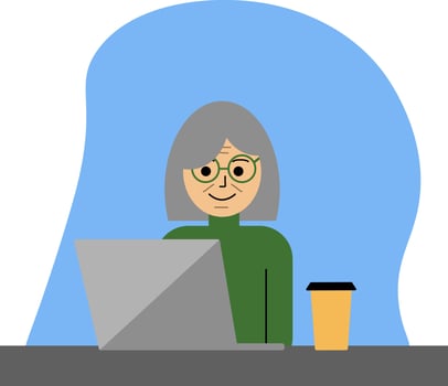 Elderly woman at a laptop, vector. vector