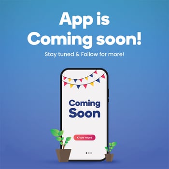 Mobile app coming soon. App is coming soon stay tuned and follow for more. Mobile application launch announcement post with plants and colorful decoration on blue background. vector