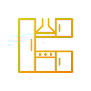 Kitchen set pixel perfect gradient linear vector icon. Countertops and appliances. Refrigerator, stove. Furniture store. Thin line color symbol. Modern style pictogram. Vector isolated outline drawing