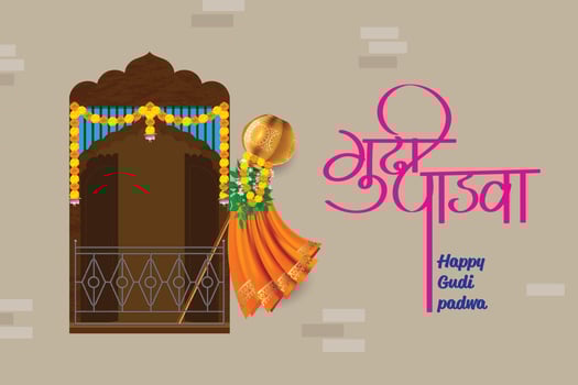 Happy Gudi Padwa Festival Greeting Background Template written Gudi Padwa in Hindi language vector
