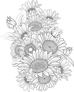 Sunflower coloring book hand drawn botanical spring elements bouquet of blossom sunflower line art coloring page vector sketch artistic, simplicity doodle art.