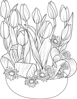 Tulip flower bouquet of vector sketch hand drawn illustration, natural collaction branch of leaves bud  vase outline drawing ingraved ink art isolated on white background
