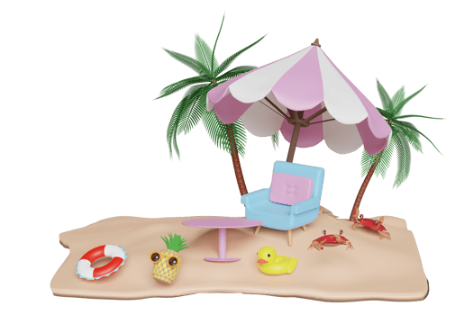 3d summer travel concept with sofa chair, palm tree, lifebuoy, seaside, pineapple, yellow duck, crab, sunglasses, beach, umbrella isolated. 3d render illustration png