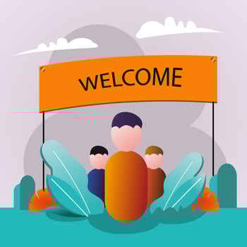 Welcome greeting banner flat design three people vector