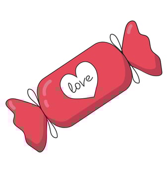 Pink candy with the inscription love. Vector dessert for Valentine's Day. Sweets icon sticker illustration.