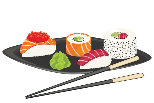 Asian Food Set. Sushi Roll Set. Soy Sauce. Japanese Food Concept vector