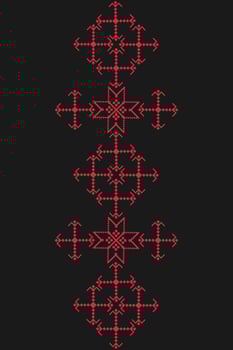 Colored geometric figures of ethnic embroidery. Ukrainian pattern. Ethnic ornament. Cross-stitch. Vector illustration on a black background.