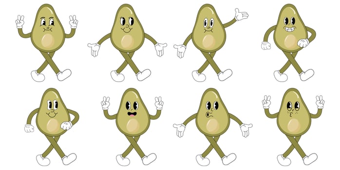 A Set of avocado cartoon groovy stickers with funny comic characters, gloved hands. Modern illustration with legs and arms. vector