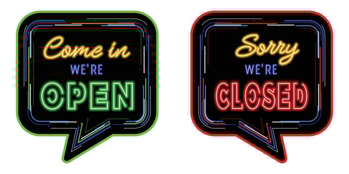 Come in we are open and sorry we are closed text with Neon sign effect isolated on colorful speech bubble line background. vector