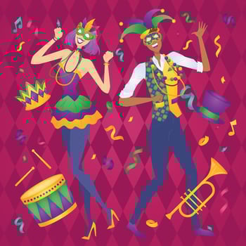 Cute couple with venetian masks Mardi gras party poster Vector