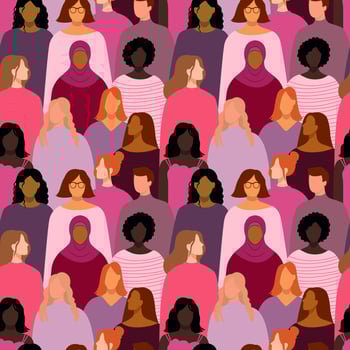 Female diverse faces of different ethnicity. Vector seamless drawing with women of different nationalities and cultures. Women's struggle for freedom, independence, equality.