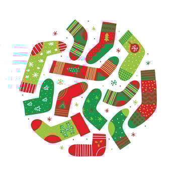 Christmas socks collection in circle. Xmas and New Year stocking set with winter holiday symbols and green red colors. Handdrawn doodle vector illustration.