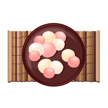 Asian dessert. Rice flour balls on porcelain plate. Chinese food. Vector flat drawn illustration for restaurant dishes, menu, sweet, cooking concept